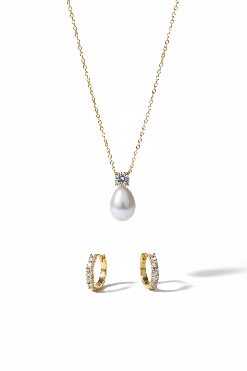 Freshwater Pearl Necklace & Brilliant Huggie Earrings