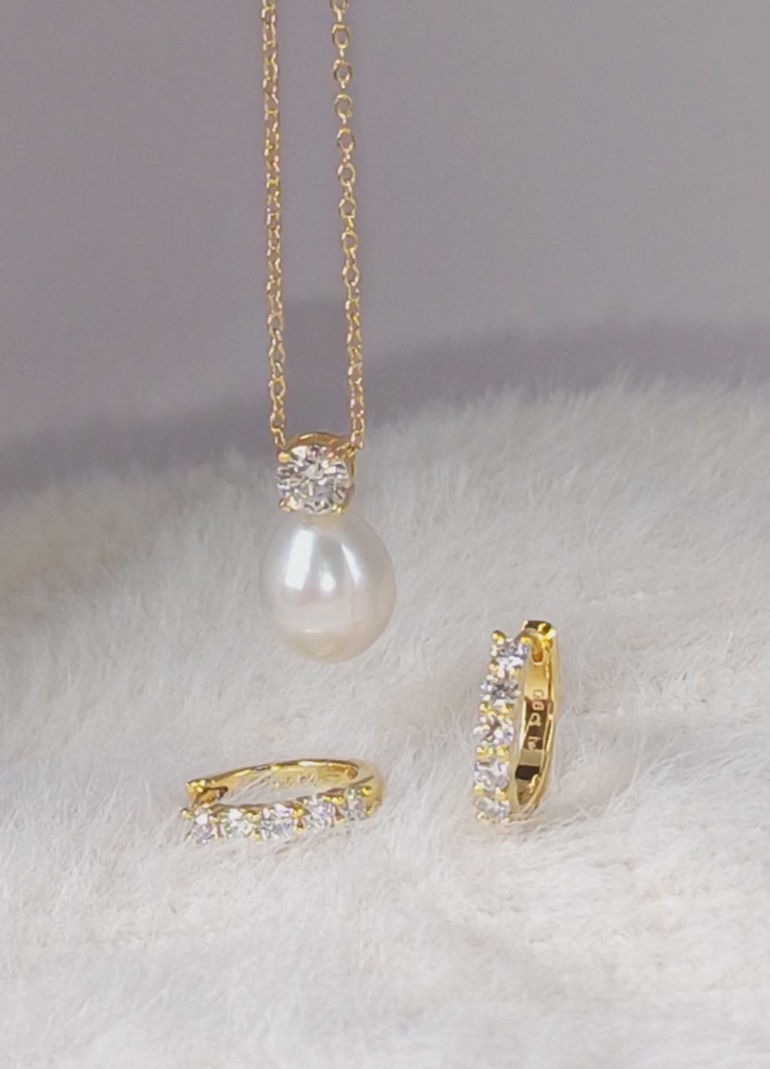 Freshwater Pearl Necklace & Brilliant Huggie Earrings