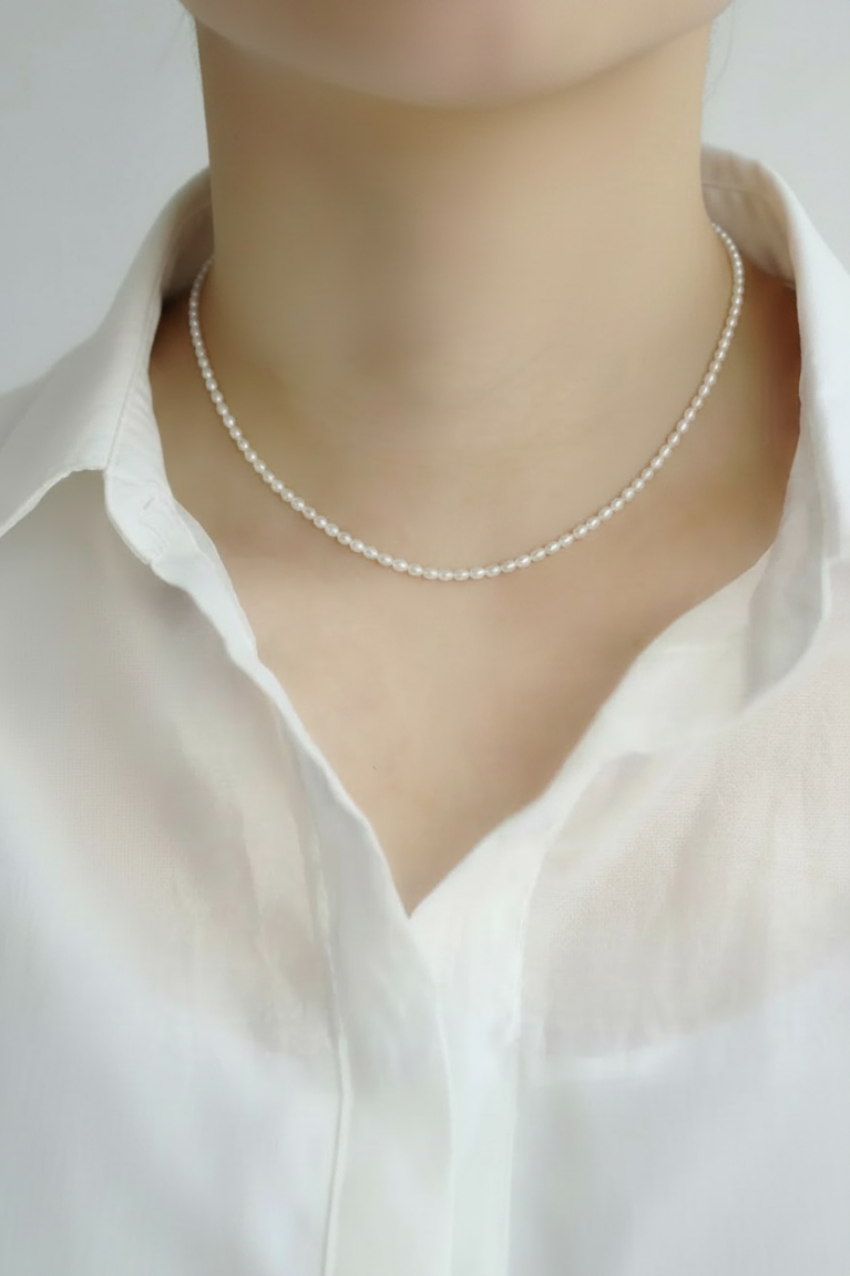 Model with Rice Pearl Necklace - Front View