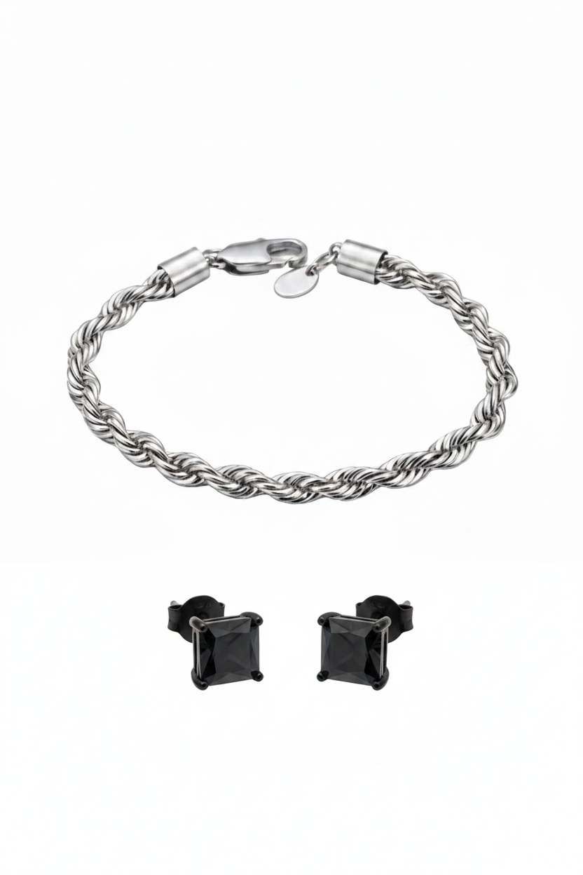 Rope Chain Bracelet & Black Stud Earring Pair – White Background